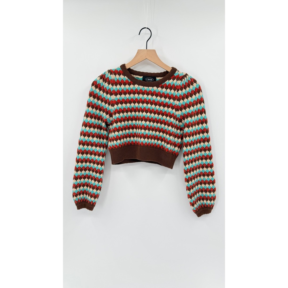 Cider Retro Diamond Knit Cropped Sweater Size S Geometric Boho Indie Fall Wear - Picture 2 of 6